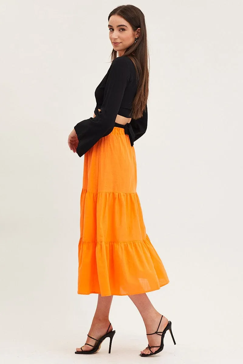 elastic waistband Maternity Friendly Orange Midi Skirt High Rise