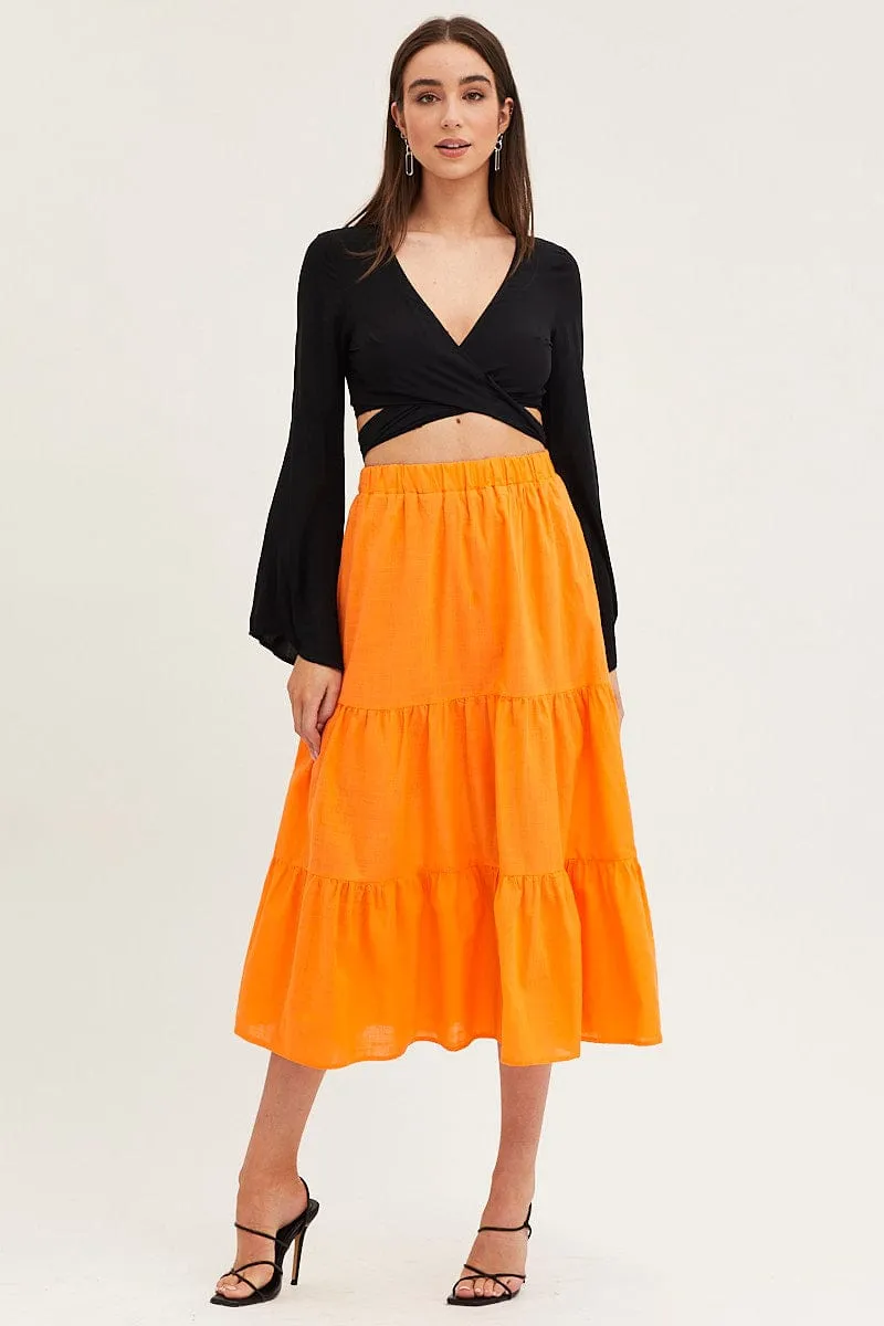 Sturdy Waistband Soft Movement Orange Midi Skirt High Rise