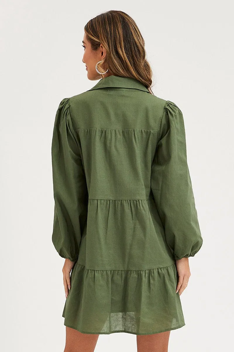 Summer Glow Green Tiered Dress Long Sleeve Mini
