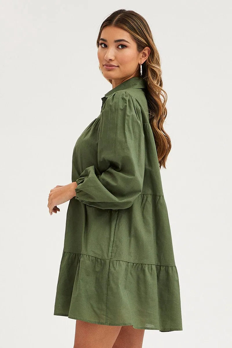 Green Tiered Dress Long Sleeve Mini MultiPocket