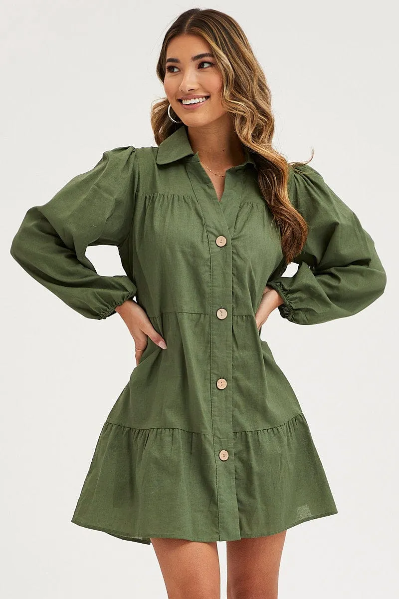 Green Tiered Dress Long Sleeve Mini StaticFree Material