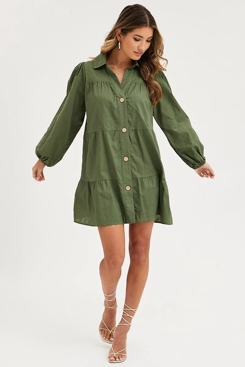 Summer Style Breath Skin Green Tiered Dress Long Sleeve Mini
