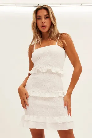 FlexibleElasticity Fine Weave White Shirred Bodycon Dress