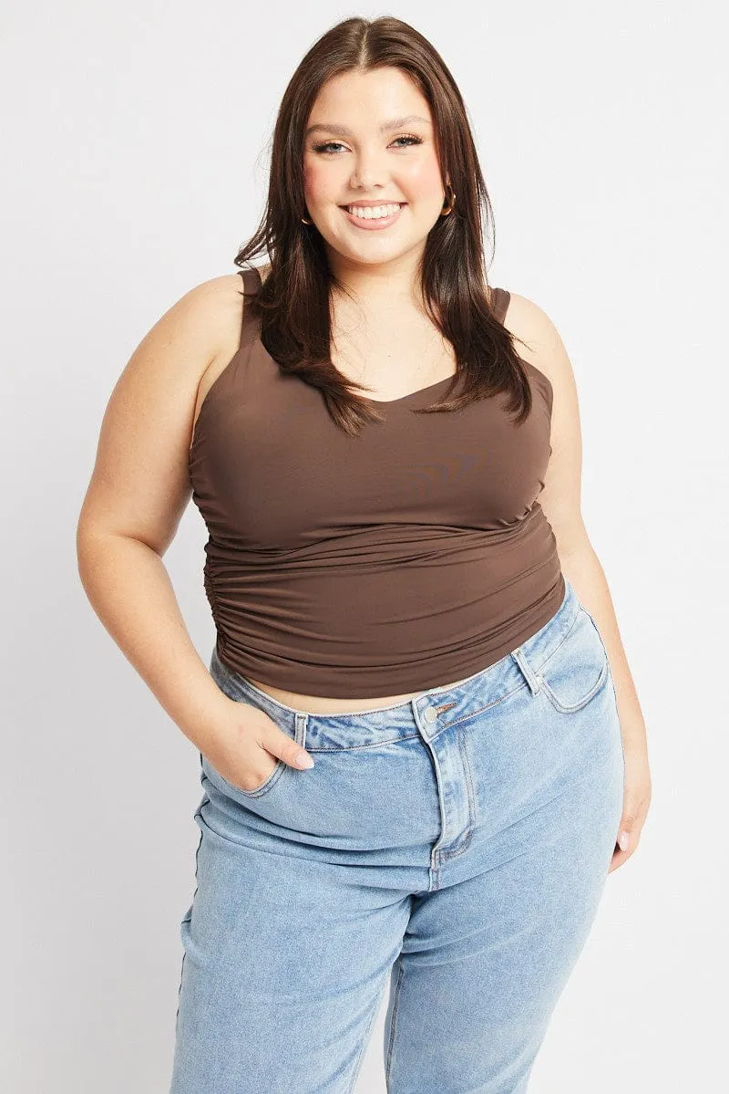 Brown Tank Top V Neck Side Ruched Trendy sneakers