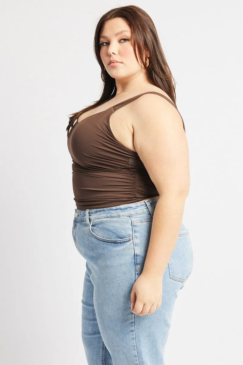 AntimicrobialCoating Brown Tank Top V Neck Side Ruched
