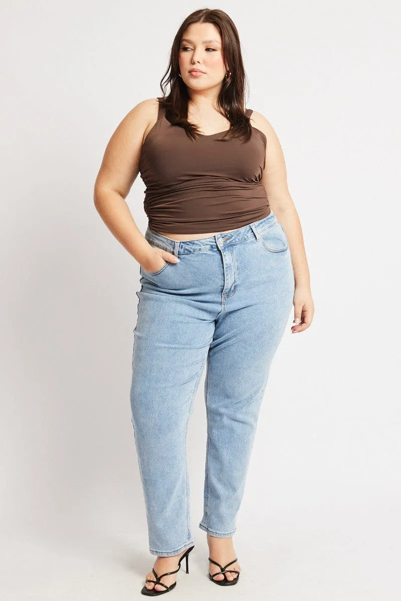 Brown Tank Top V Neck Side Ruched Transitional Fashion