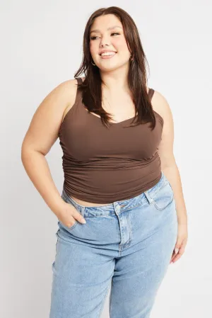 Brown Tank Top V Neck Side Ruched Silk Glow