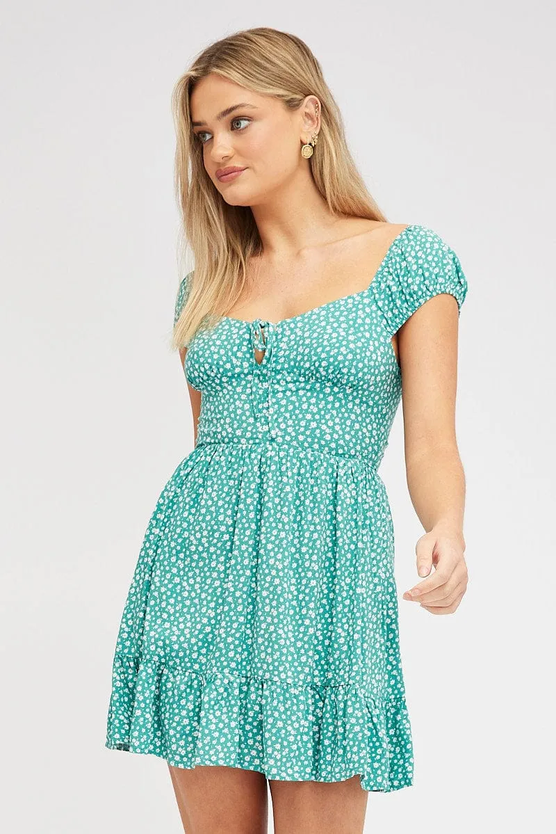 Stylish Fit Green Ditsy Fit And Flare Dress Mini