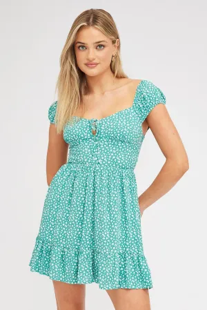 Green Ditsy Fit And Flare Dress Mini Relaxed Style Cold Weather Wear