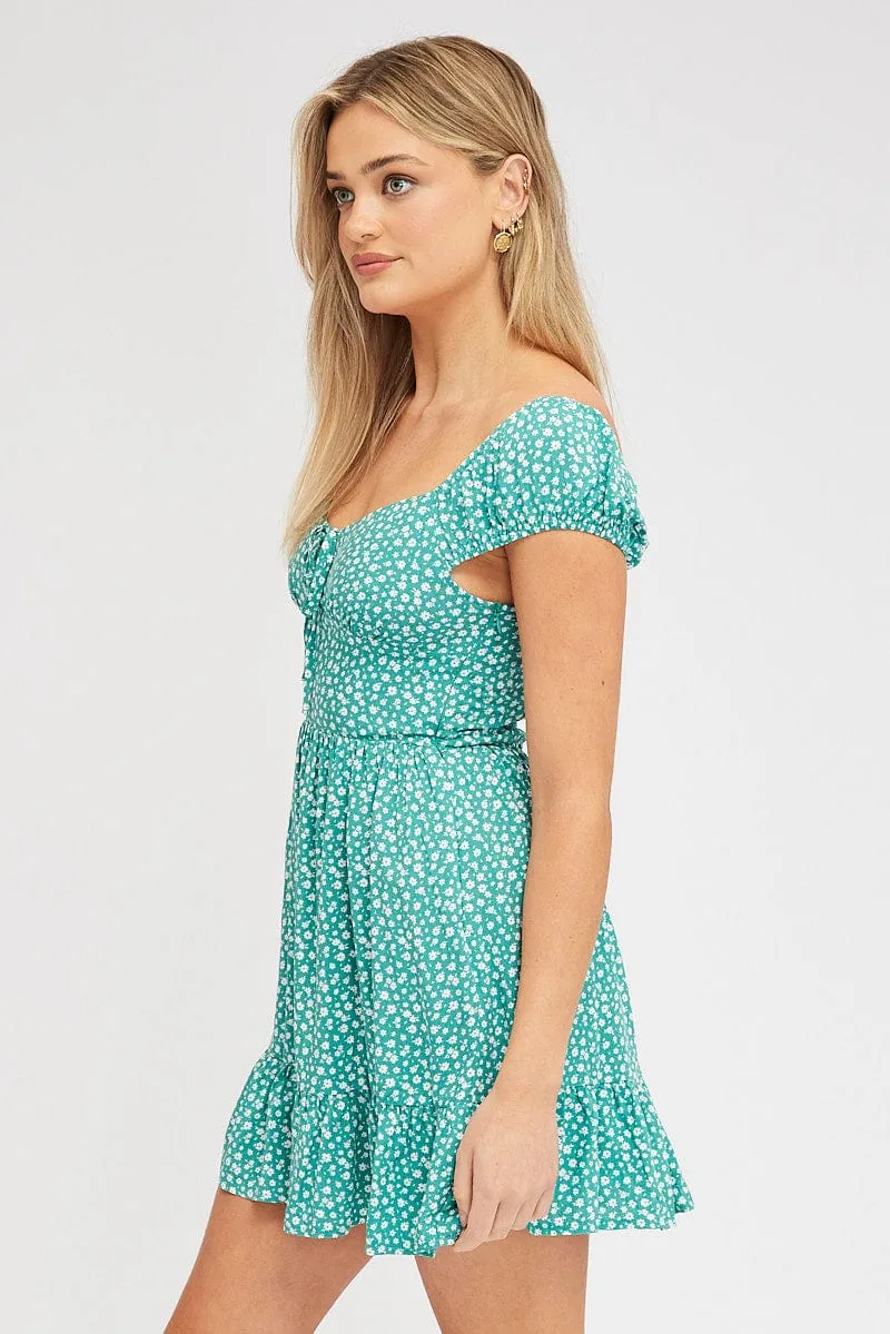 Green Ditsy Fit And Flare Dress Mini Eco Friendly Dye Dance Floor