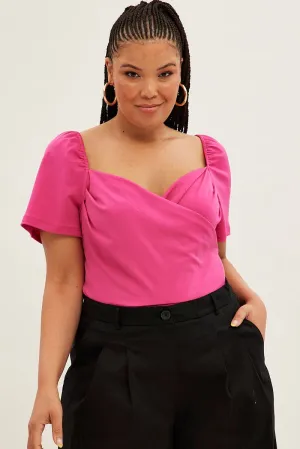 Pink Jersey Bodysuit Short Puff Sleeve Crossover Front Sporty Joggers
