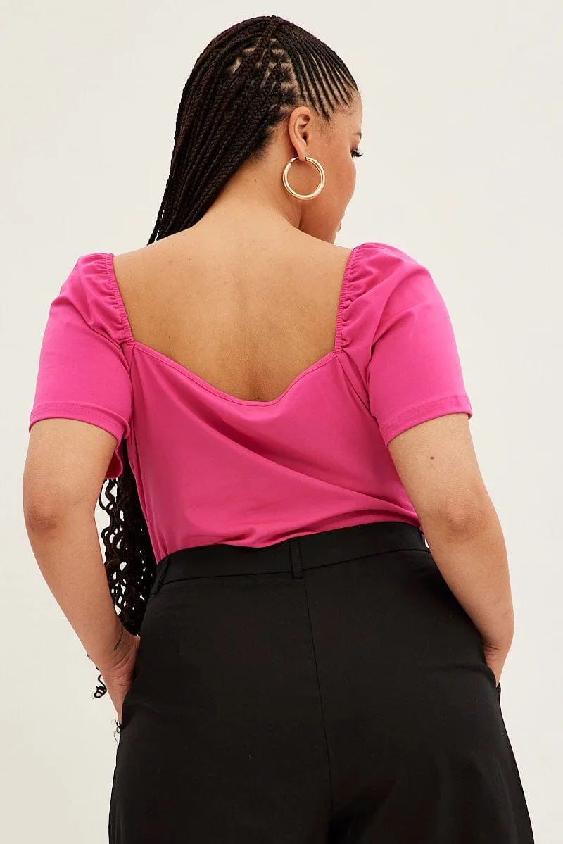 Pink Jersey Bodysuit Short Puff Sleeve Crossover Front Zen Glow Easy Fit