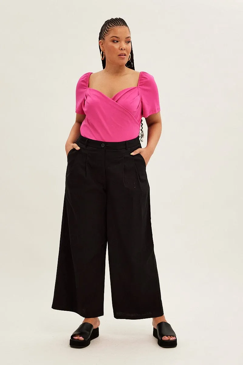 Pink Jersey Bodysuit Short Puff Sleeve Crossover Front Warm Sweater