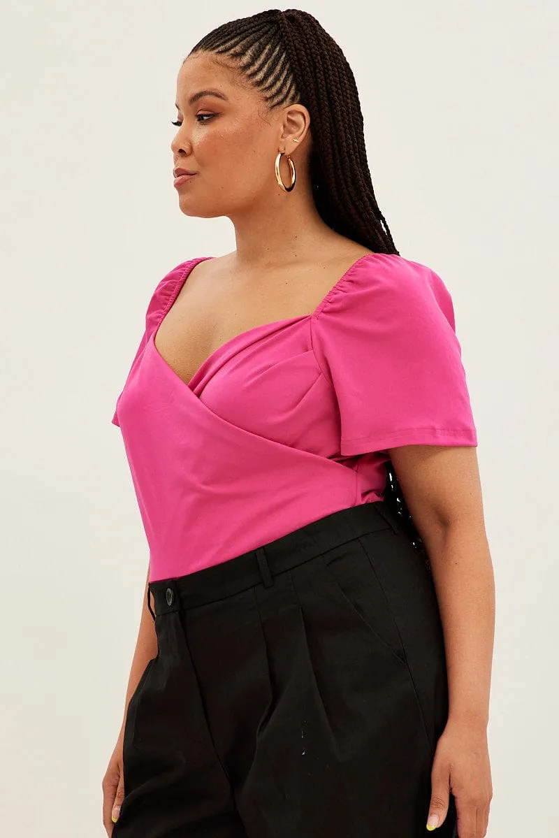 Hygienic Finish Pink Jersey Bodysuit Short Puff Sleeve Crossover Front