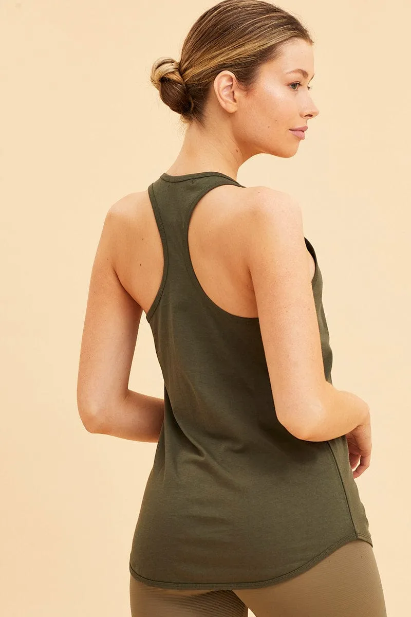 All-Occasion Green Racer Tank Cotton Stretch Sleeveless Scoop Neck