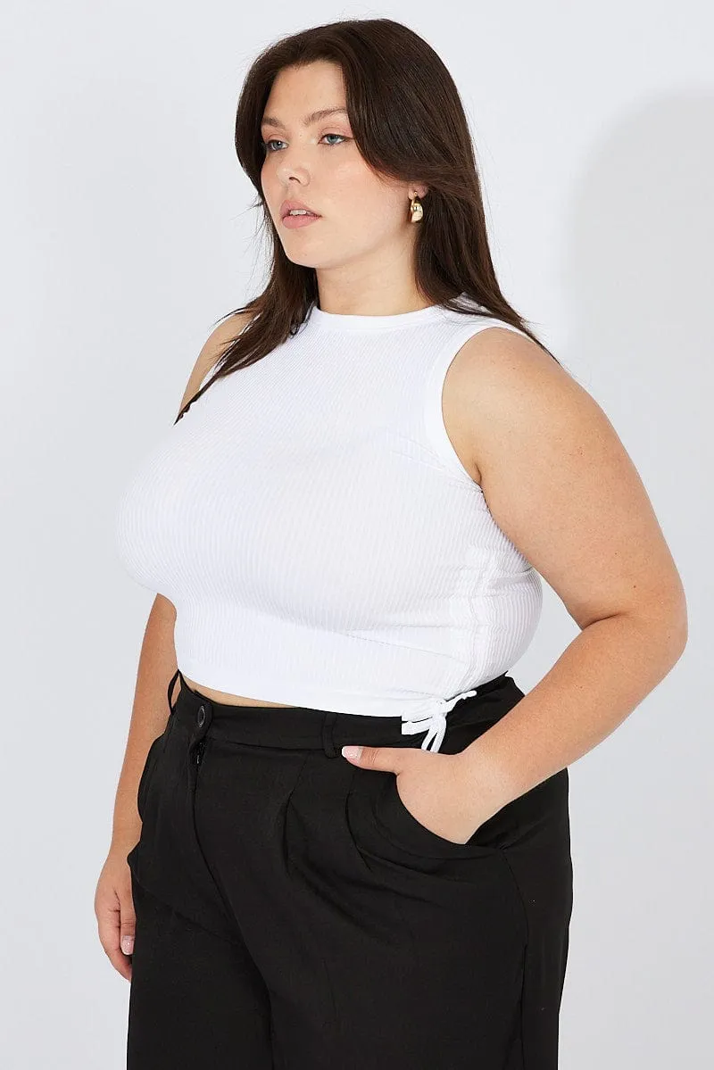 White Tank Top Crew Neck Seamless Side Ruched NonIrritatingSeams ShrinkResistant