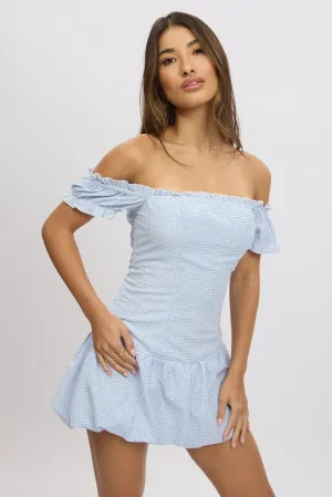 Lift Mode FrictionResistantEdges Blue Check Bubble Dress Off The Shoulder