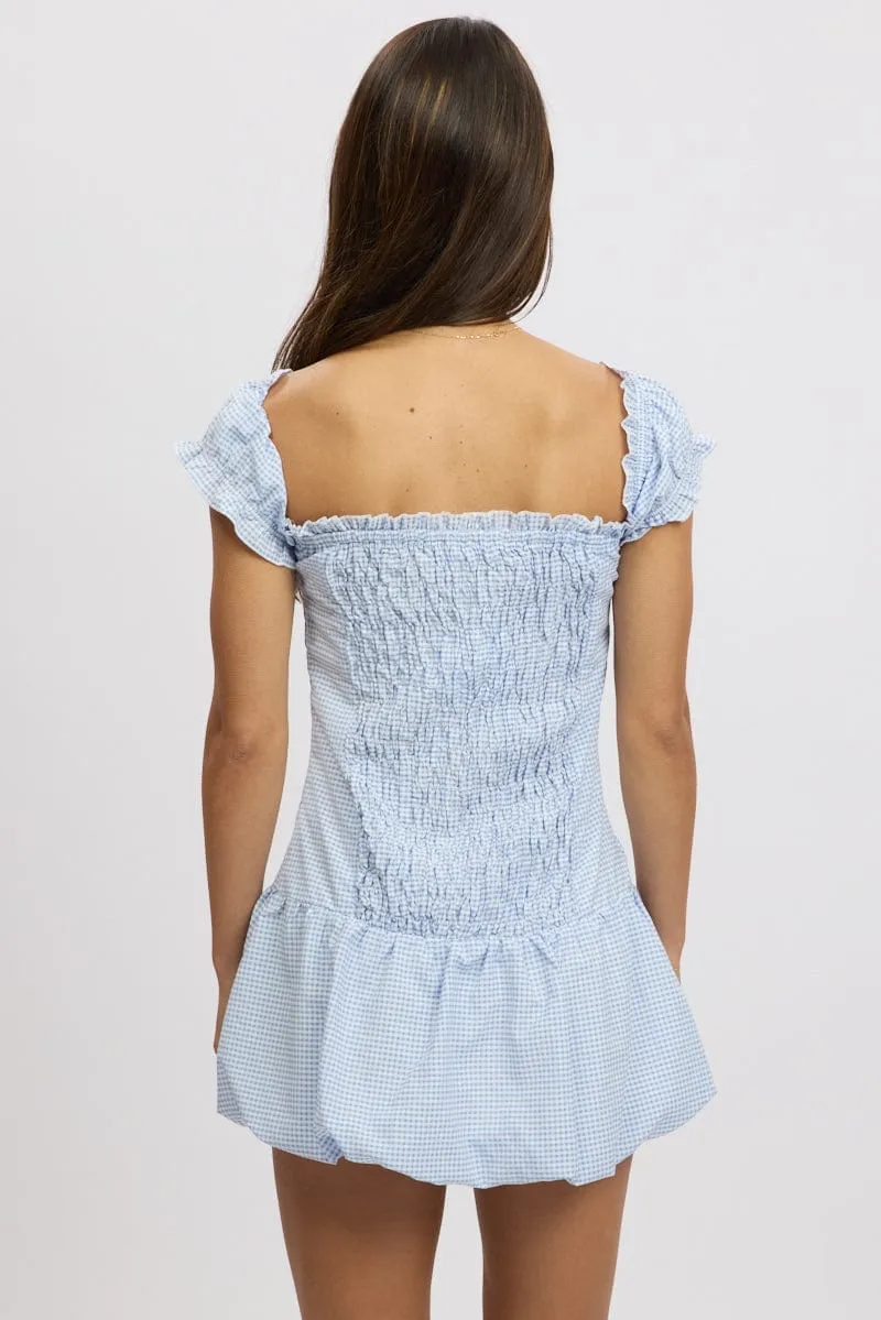 HeatReflective Lining Blue Check Bubble Dress Off The Shoulder