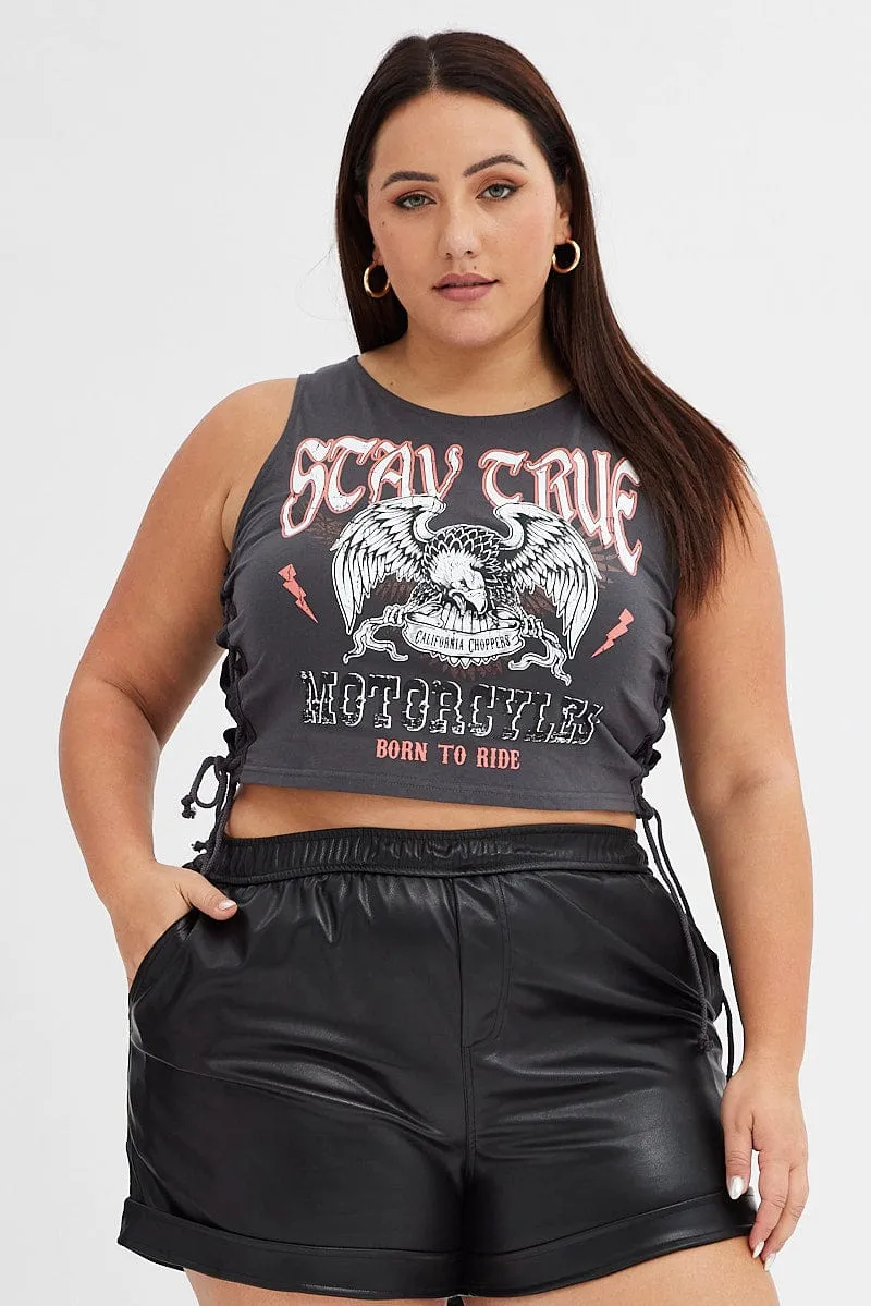 Grey Graphic Tank Top Stay True Crop Lace Up Love Core