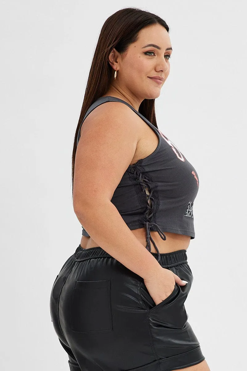 Grey Graphic Tank Top Stay True Crop Lace Up CompressionEnhanced Fit