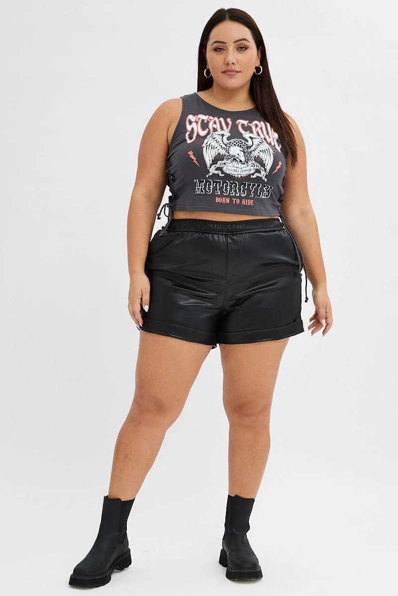 DoubleLayered Fabric Grey Graphic Tank Top Stay True Crop Lace Up
