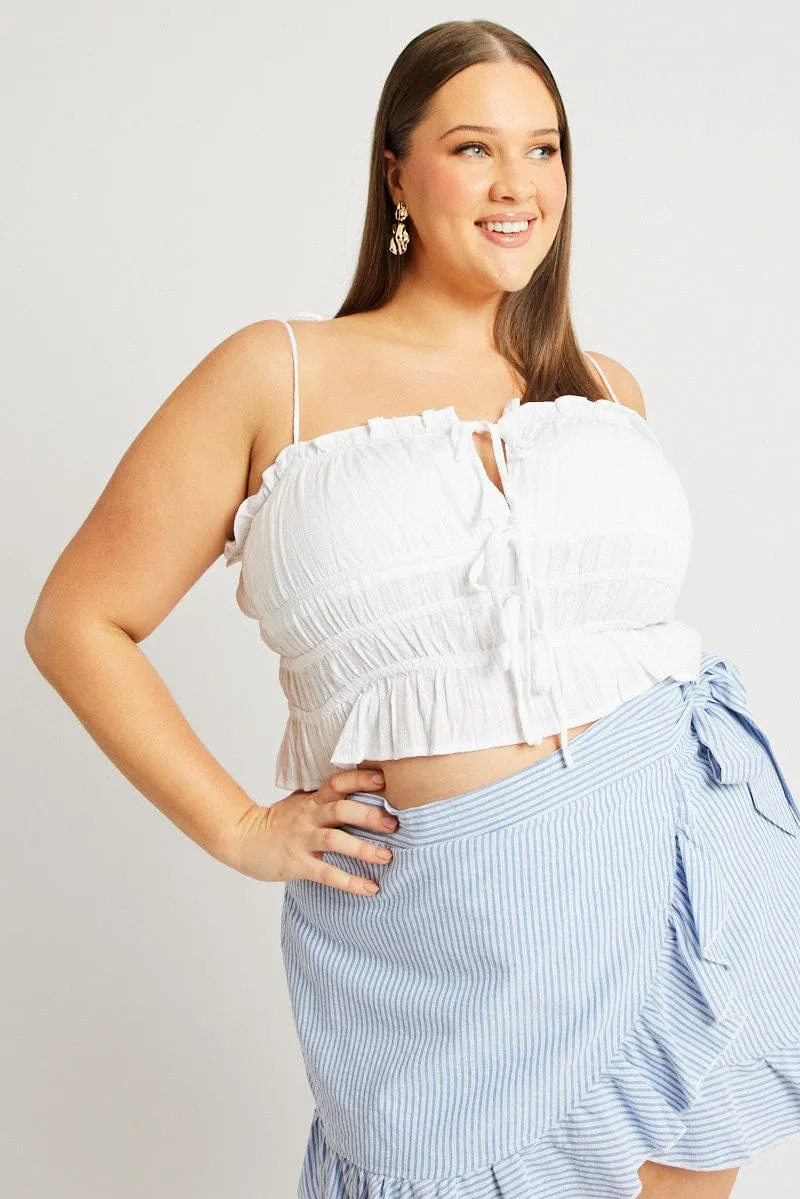 White Cami Top Ruched Tie Front Textured WrinkleResistantClothing
