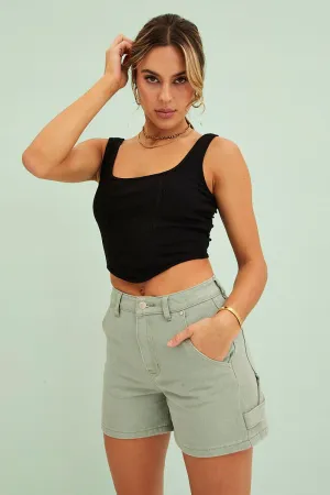 Black Corset Crop Rib Curve Hem Tank Comfortable Style Trend Vibe