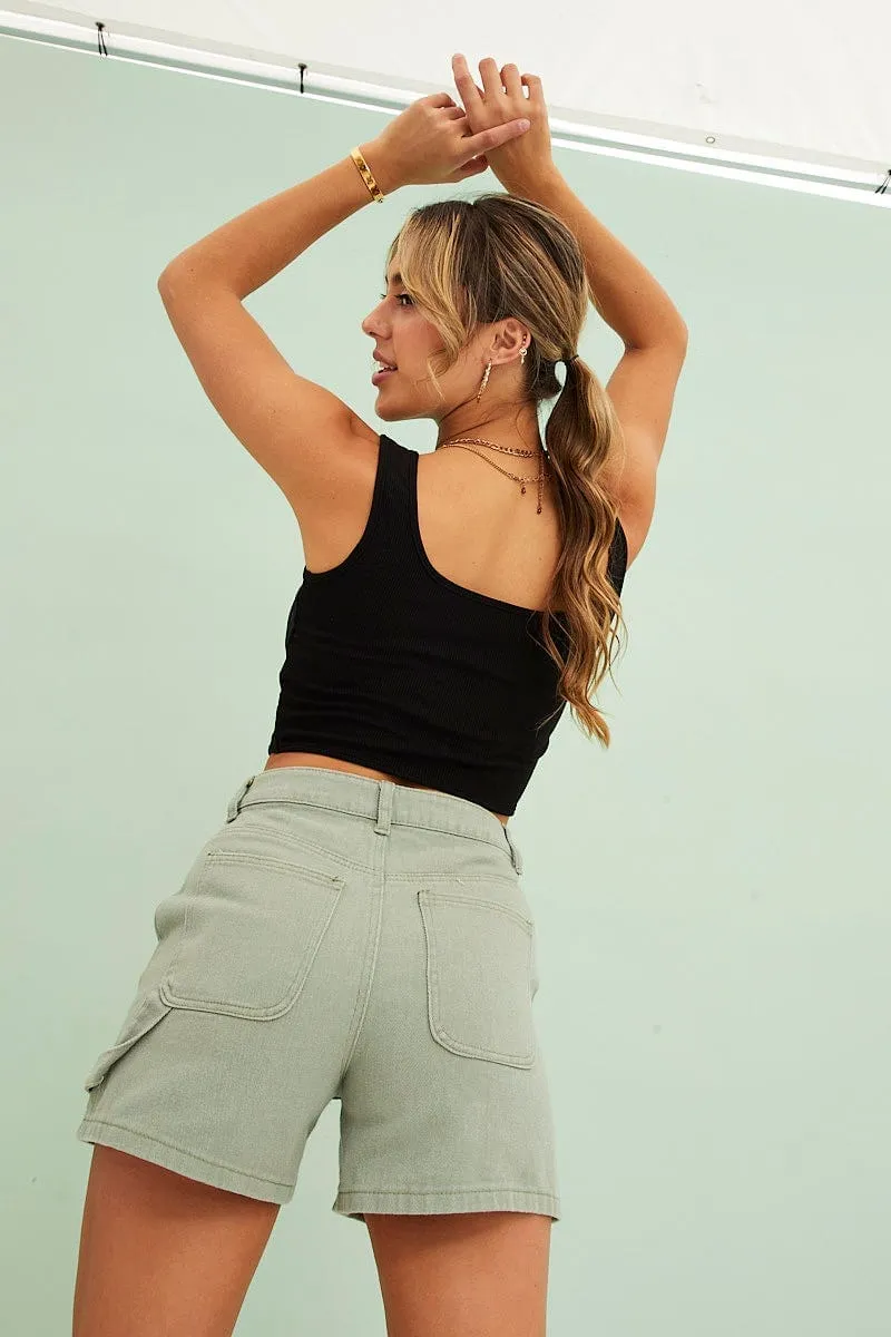 Relaxed Cut Gym Safe Black Corset Crop Rib Curve Hem Tank