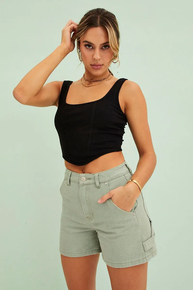 Black Corset Crop Rib Curve Hem Tank Comfortable Style Trend Vibe