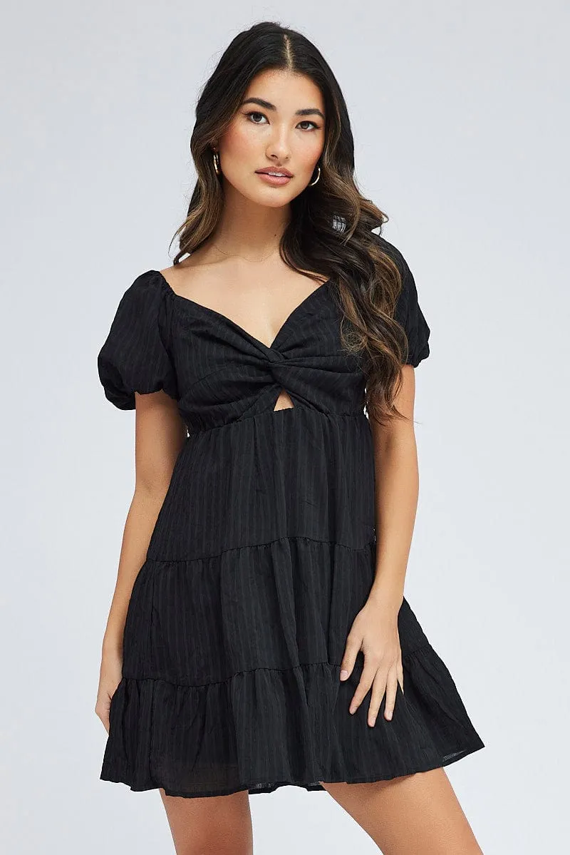 Black Fit And Flare Dress Puff Sleeve Mini AdjustableWaist