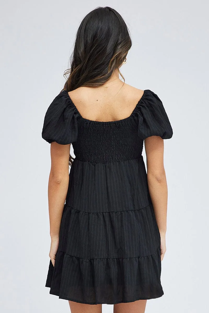 Black Fit And Flare Dress Puff Sleeve Mini Poise Fit Hidden pockets