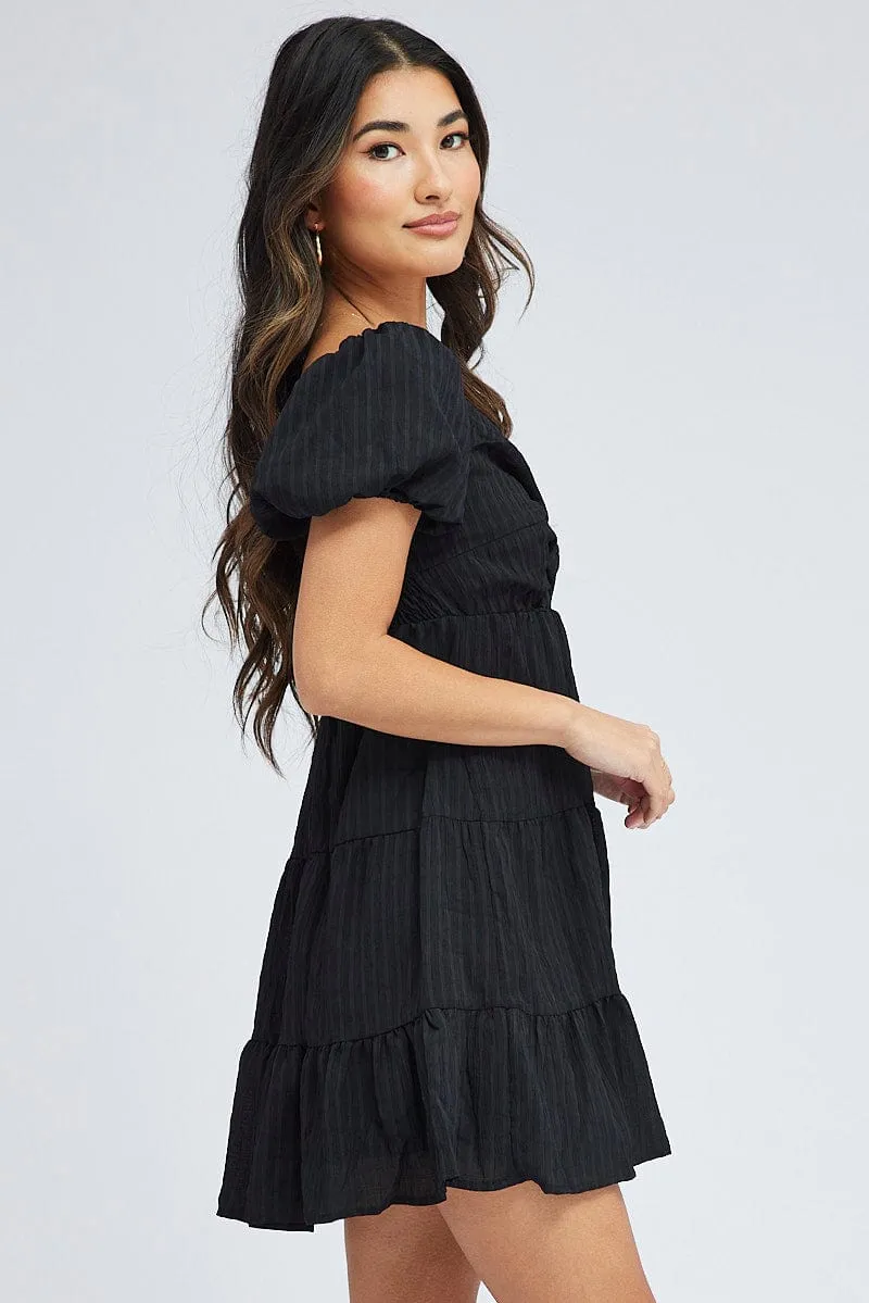 Smart Fit Black Fit And Flare Dress Puff Sleeve Mini