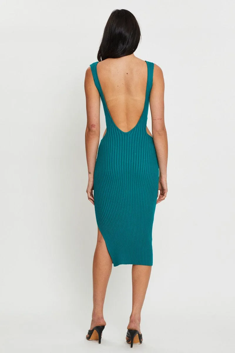 Green Knit Dress Midi Ventilated Back Panels