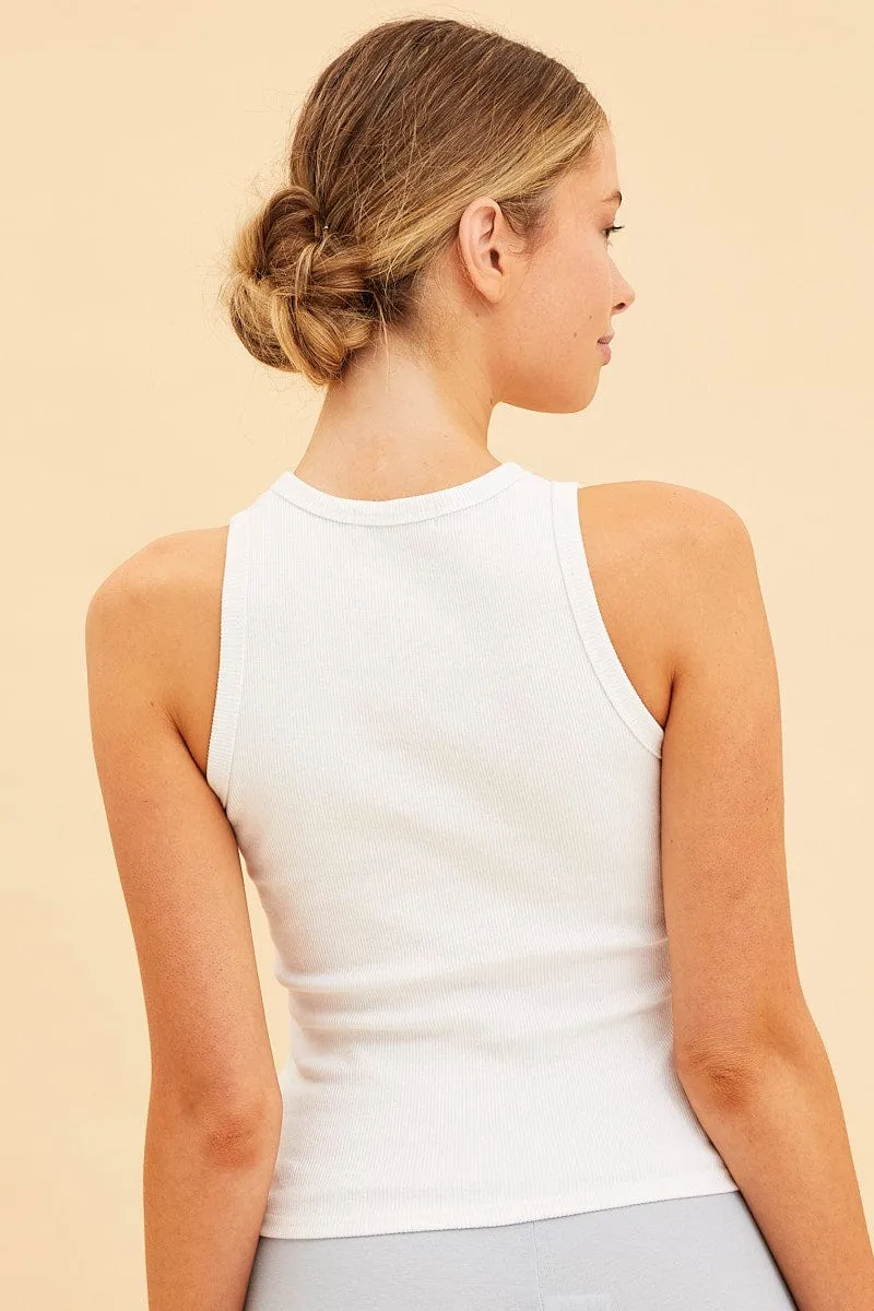 White Racer Tank Cotton Blend Rib High Neck Racer Back Athletic Hoodie