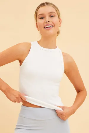 Cozy Vibe Fashion Forward White Racer Tank Cotton Blend Rib High Neck Racer Back