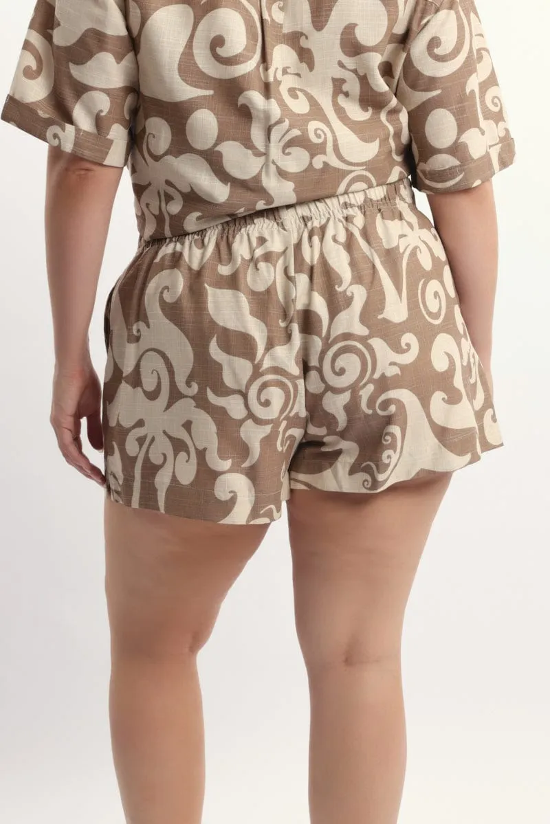 Beige Abstract Elastic Waist Linen Blend Shorts Timeless Fashion Modern Fashion