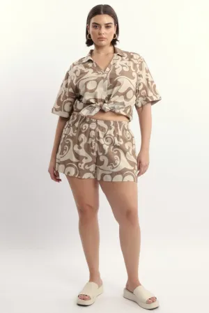 Beige Abstract Elastic Waist Linen Blend Shorts CompactKnit Dream Base