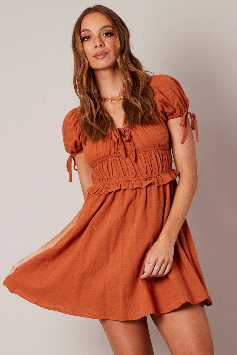 Modern Fashion Brown Fit and Flare Dress Short Sleeve Textured