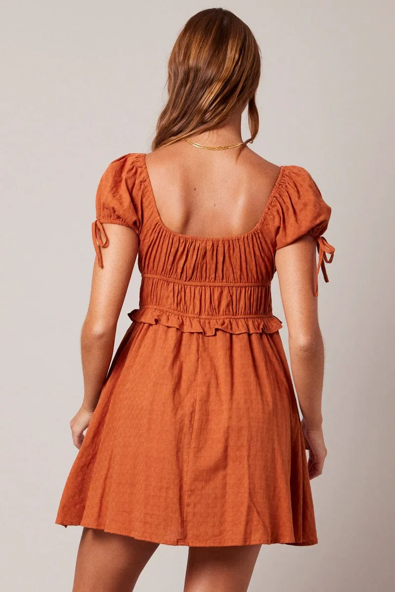 Brown Fit and Flare Dress Short Sleeve Textured Outdoor Activity