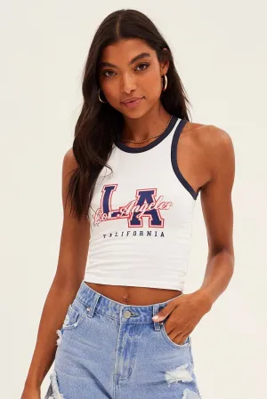 White Graphic Tank La Sleeveless Contrast Bind Crop All-Occasion Desk Style