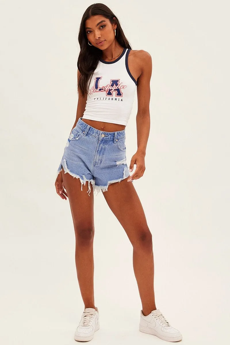 WrinkleResistantCloth White Graphic Tank La Sleeveless Contrast Bind Crop