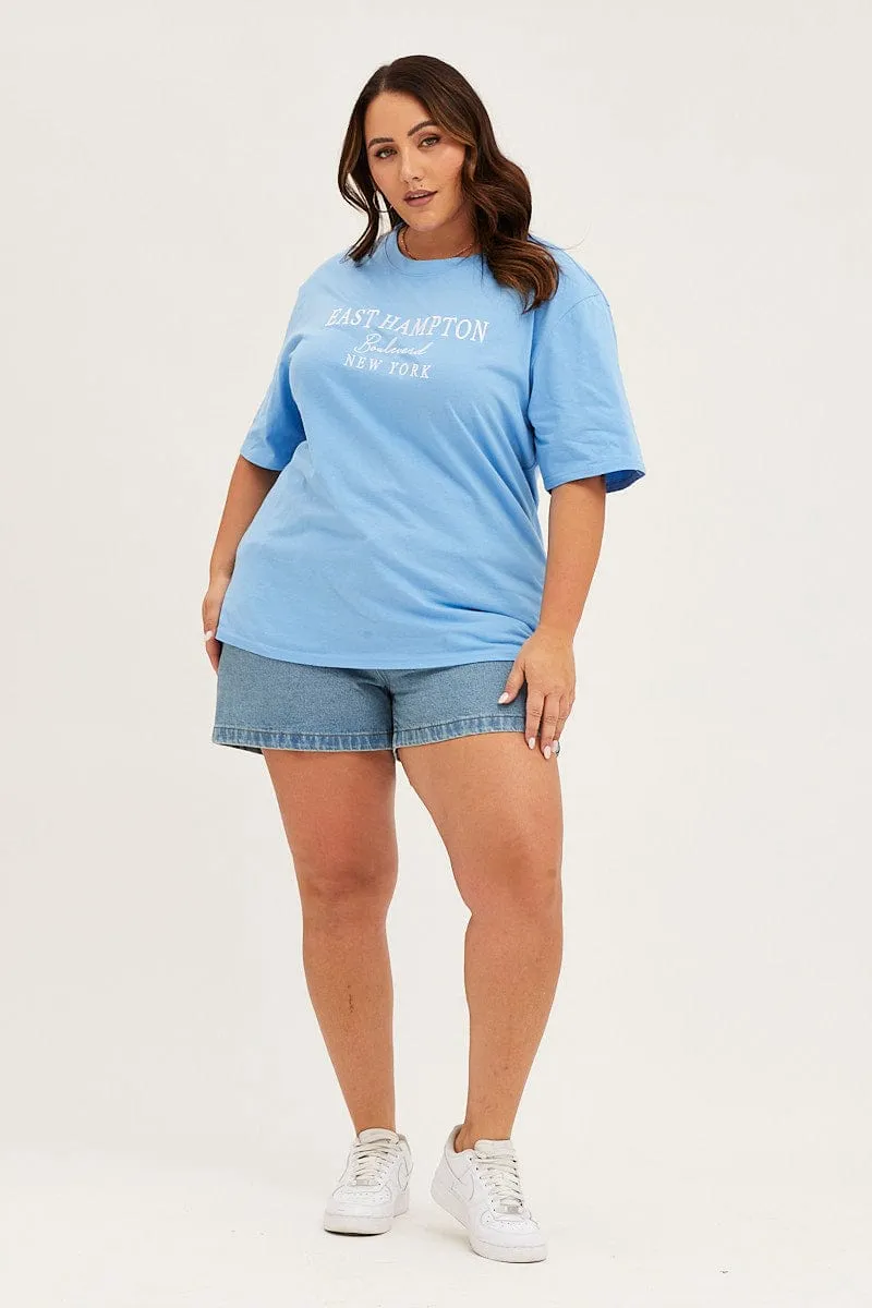 Blue Crew Neck Short Sleeve Oversized Graphic T-shirt SlimFit Non Irritating Collar