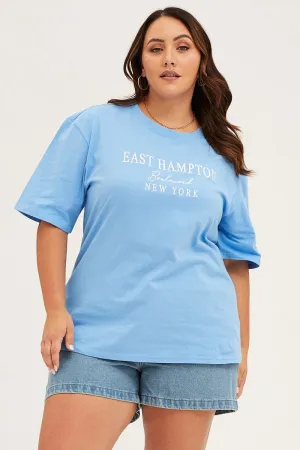 Buttery Soft Fabric Blue Crew Neck Short Sleeve Oversized Graphic T-shirt