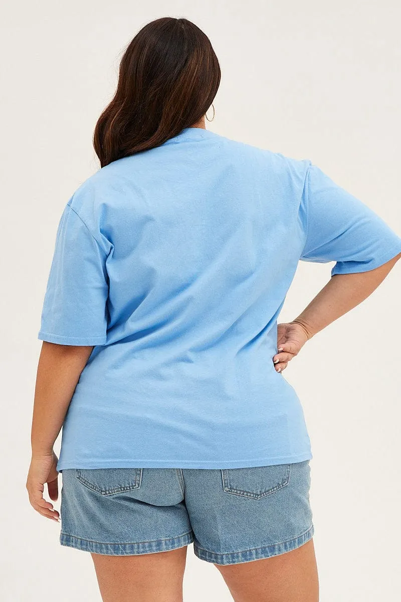 Cool and Relaxed Ultra Soft Texture Blue Crew Neck Short Sleeve Oversized Graphic T-shirt