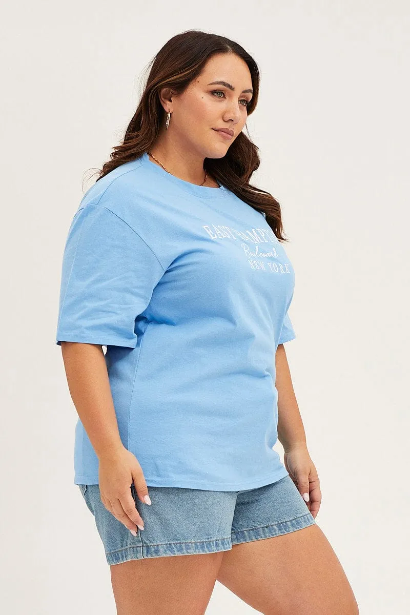 Pullover Blue Crew Neck Short Sleeve Oversized Graphic T-shirt