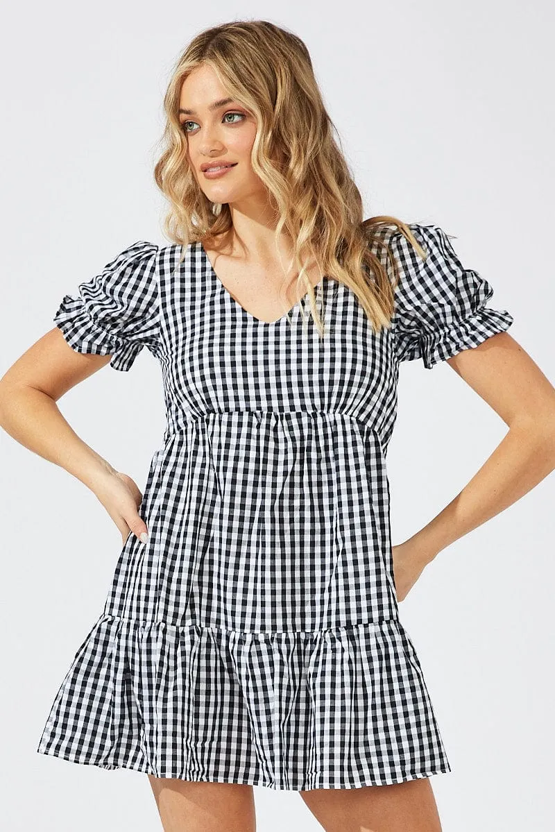 Black Check Smock Dress Short Sleeve Tiered Trendy Look
