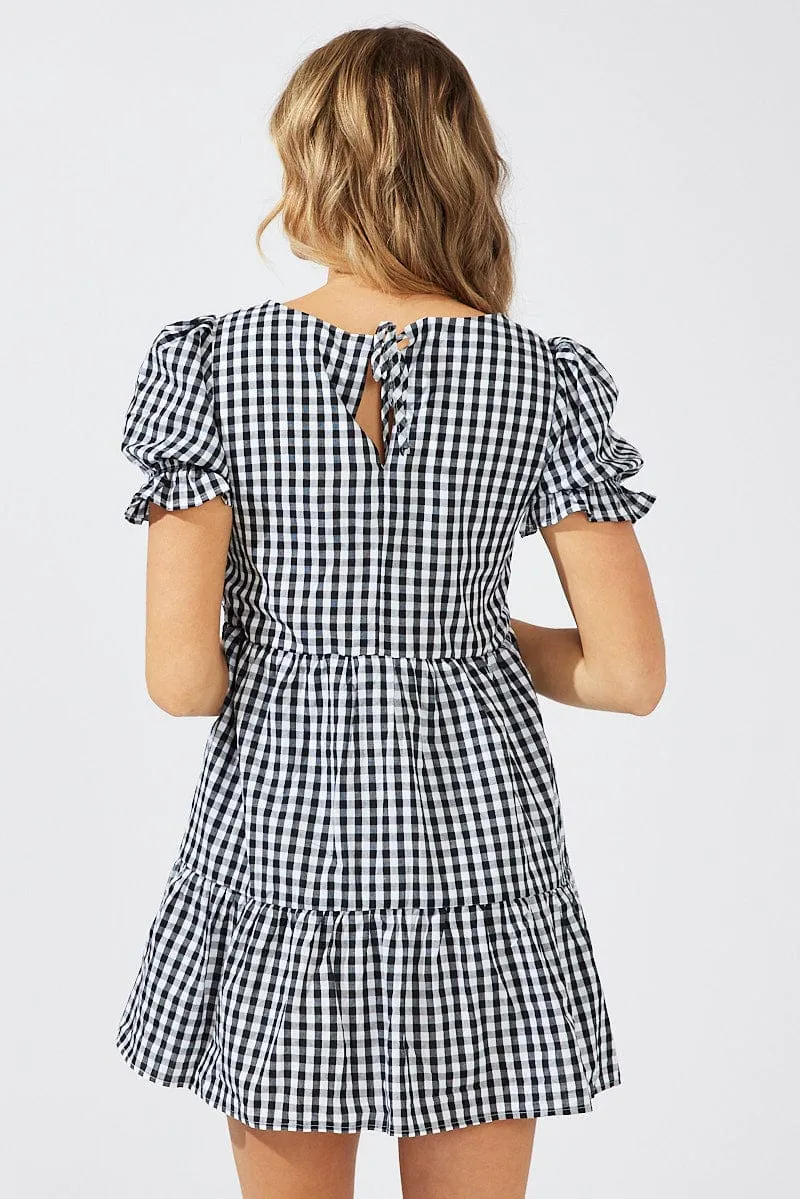 EcoFriendlyDye OdorResistant Coating Black Check Smock Dress Short Sleeve Tiered