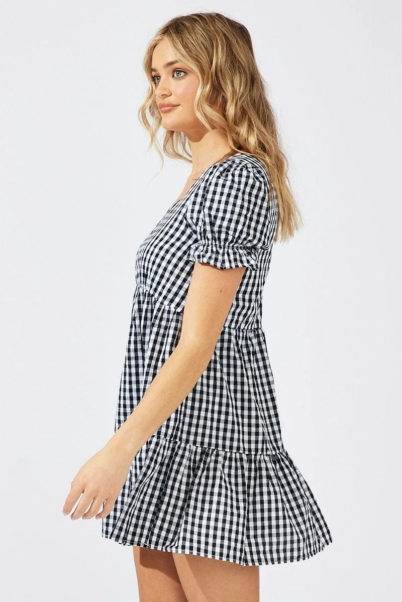 Black Check Smock Dress Short Sleeve Tiered ShrinkageFree Fabric Group Mood