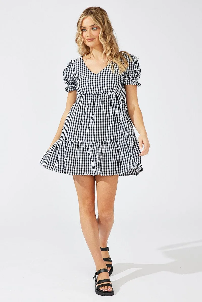 Black Check Smock Dress Short Sleeve Tiered DurableReinforcedElbow