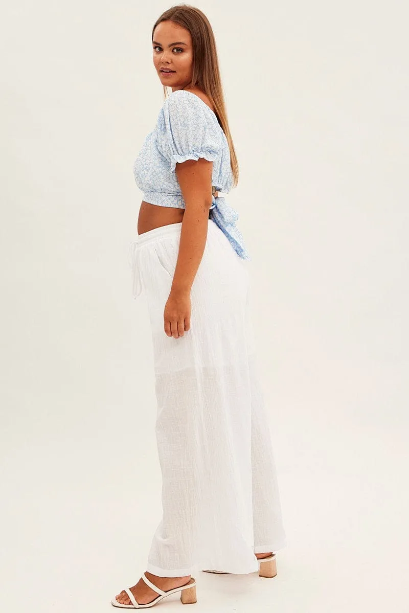 White Wide Leg Pants High Rise Cotton Reinforced Knees